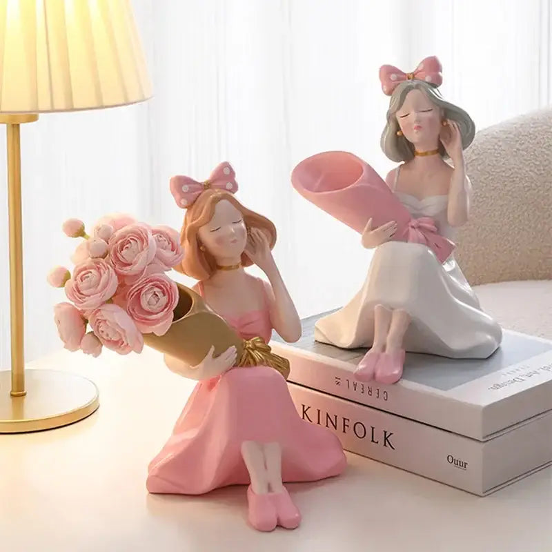 Elegant pink & white girl statues vase ornaments office decor