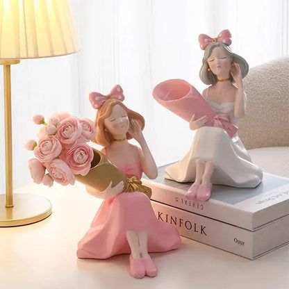 Elegant pink & white girl statues vase ornaments office decor