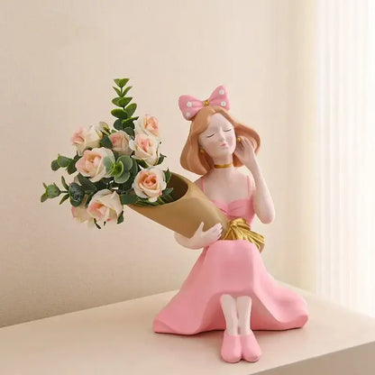Elegant pink & white girl statues vase ornaments office decor