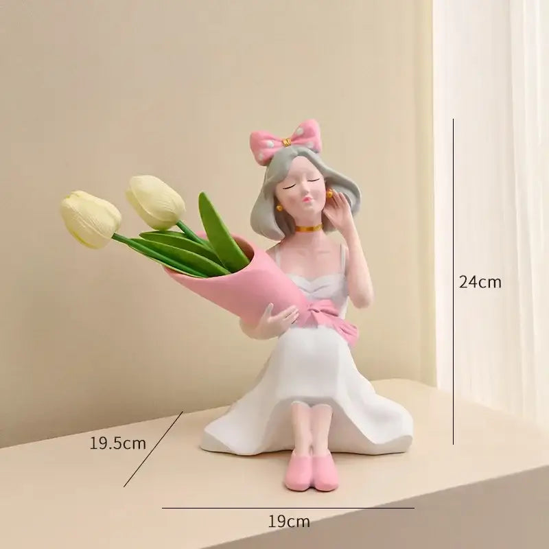 Elegant pink & white girl statues vase ornaments office decor