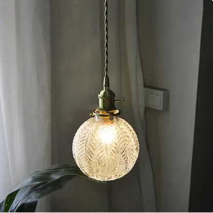Etched leaf clear glass and brass pendant light fixture bedroom
