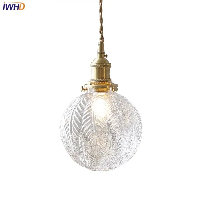 Etched leaf clear glass and brass pendant light fixture bedroom