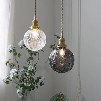 Etched leaf clear glass and brass pendant light fixture bedroom
