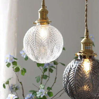 Etched leaf clear glass and brass pendant light fixture bedroom