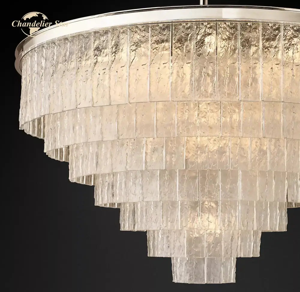 Modern brass glass chandelier dining room cascading textured panels