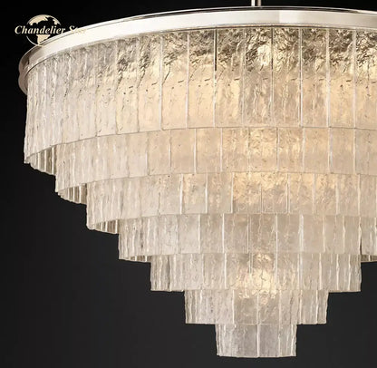 Modern brass glass chandelier dining room cascading textured panels