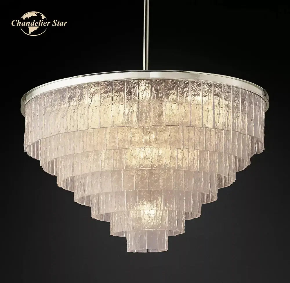 Modern brass glass chandelier dining room cascading textured panels