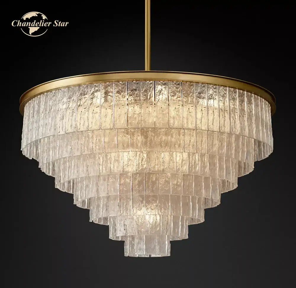 Modern brass glass chandelier dining room cascading textured panels
