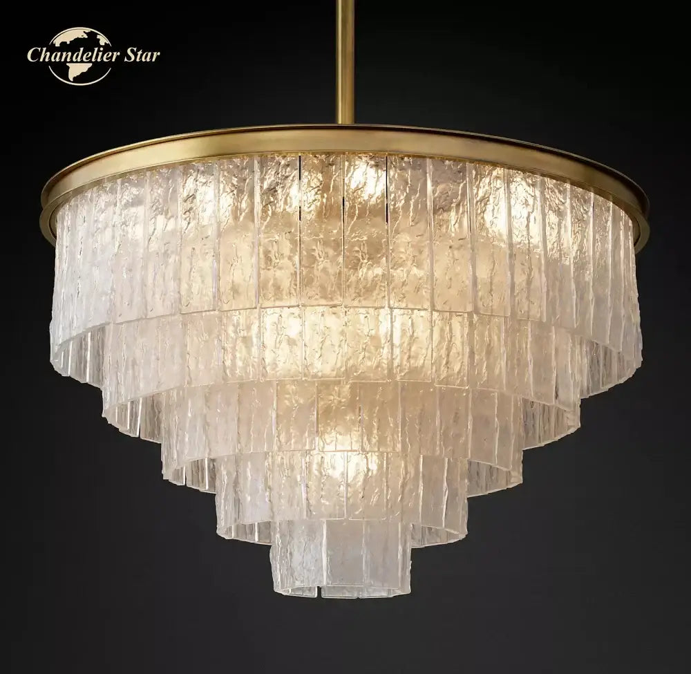 Modern brass glass chandelier dining room cascading textured panels