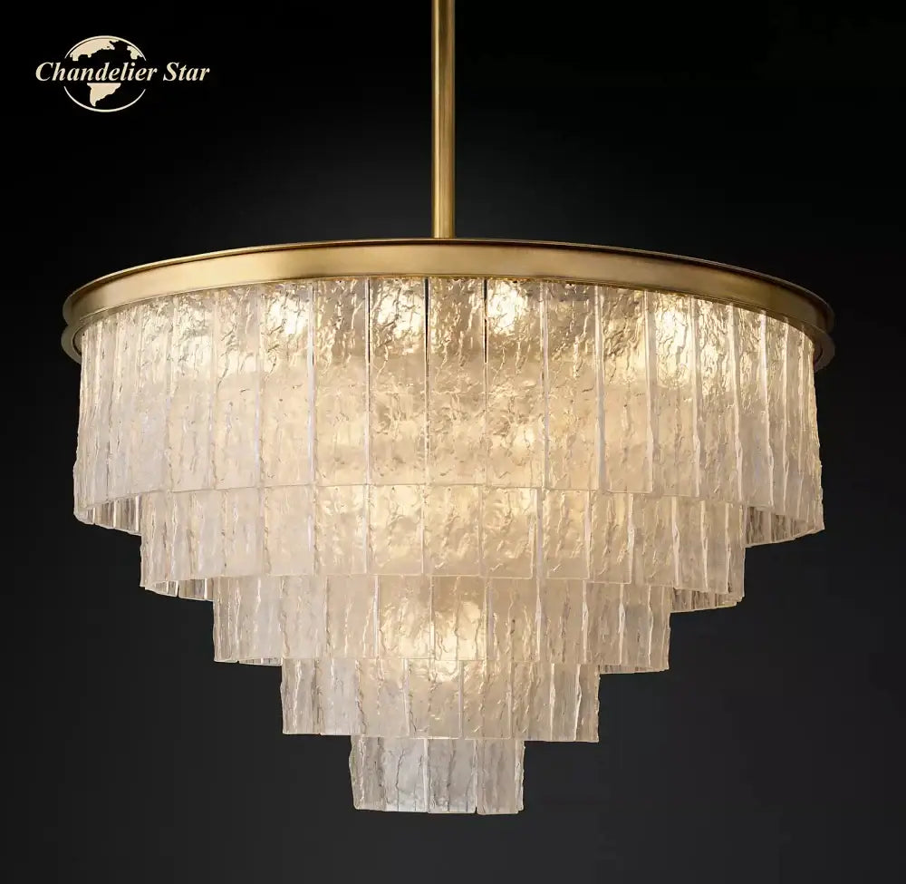 Modern brass glass chandelier dining room cascading textured panels