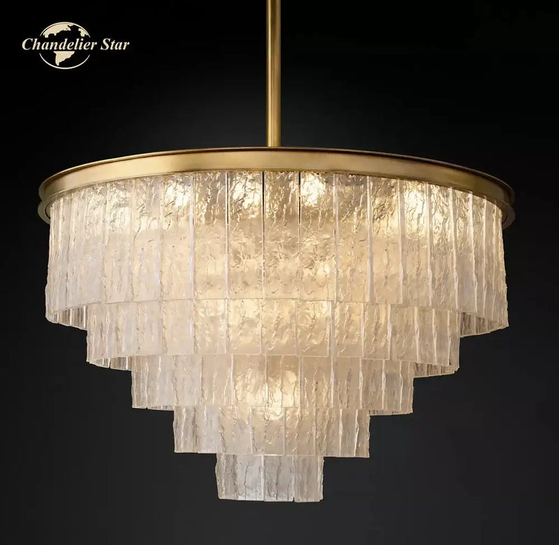 Modern brass glass chandelier dining room cascading textured panels