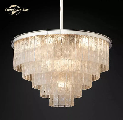 Modern brass glass chandelier dining room cascading textured panels