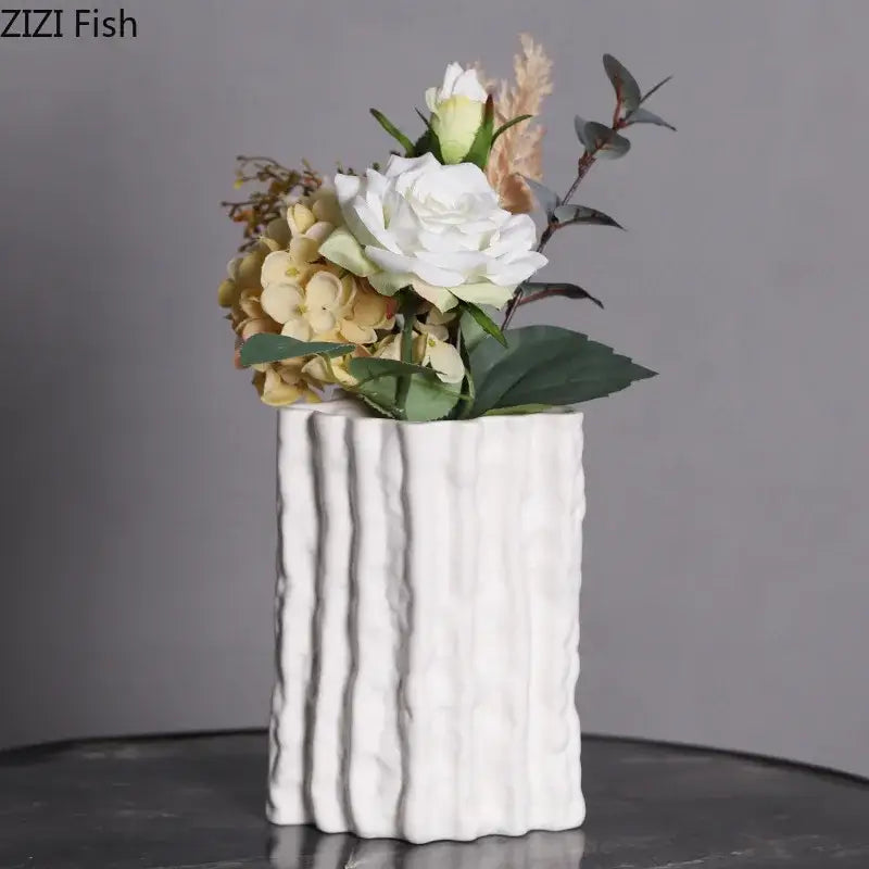 Ribbed white glacial ceramic vase living room flower pot