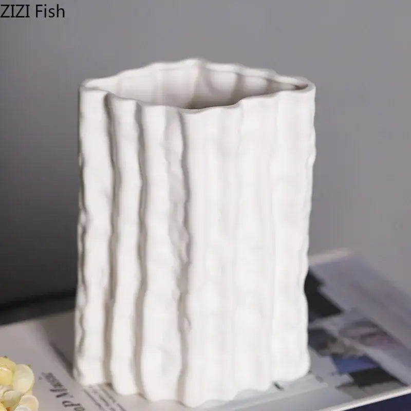 Ribbed white glacial ceramic vase living room flower pot