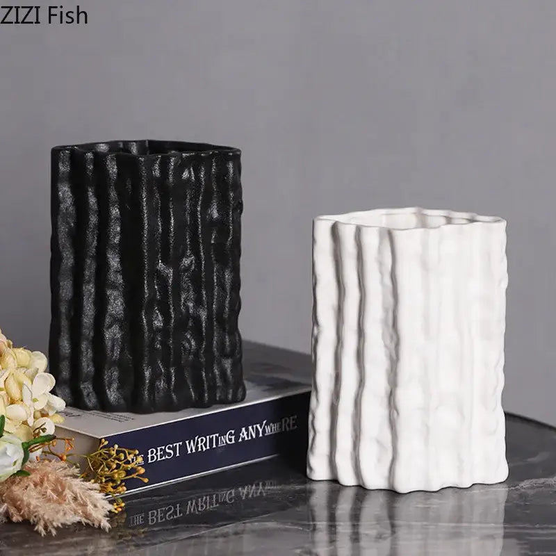 Ribbed white glacial ceramic vase living room flower pot