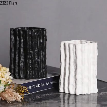 Ribbed white glacial ceramic vase living room flower pot