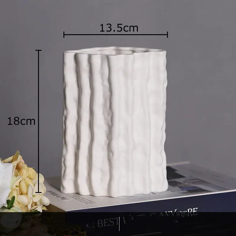 Ribbed white glacial ceramic vase living room flower pot