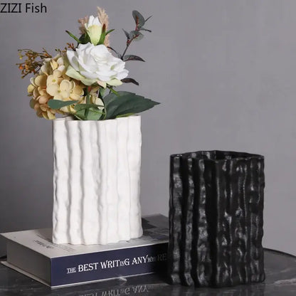 Ribbed white glacial ceramic vase living room flower pot