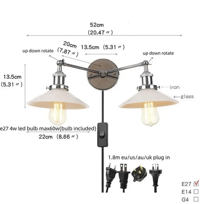 Industrial chrome glass 2-light wall sconce with pull chain for bedroom