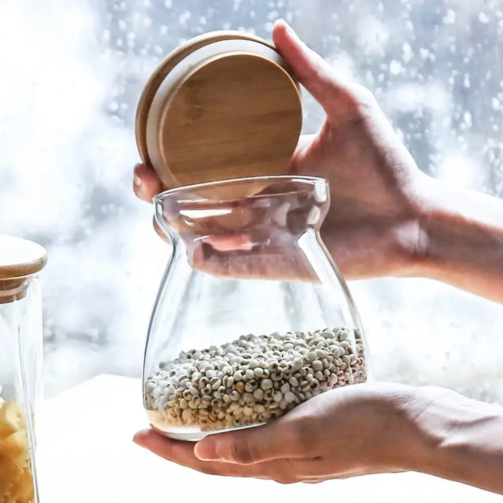 Glass airtight canister with bamboo lid kitchen storage jar