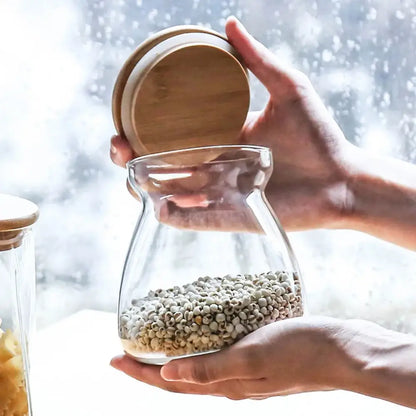 Glass airtight canister with bamboo lid kitchen storage jar