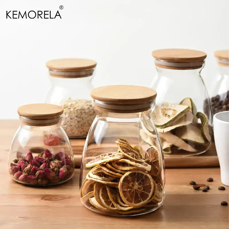 Glass airtight canister with bamboo lid kitchen storage jar