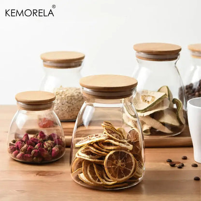 Glass airtight canister with bamboo lid kitchen storage jar