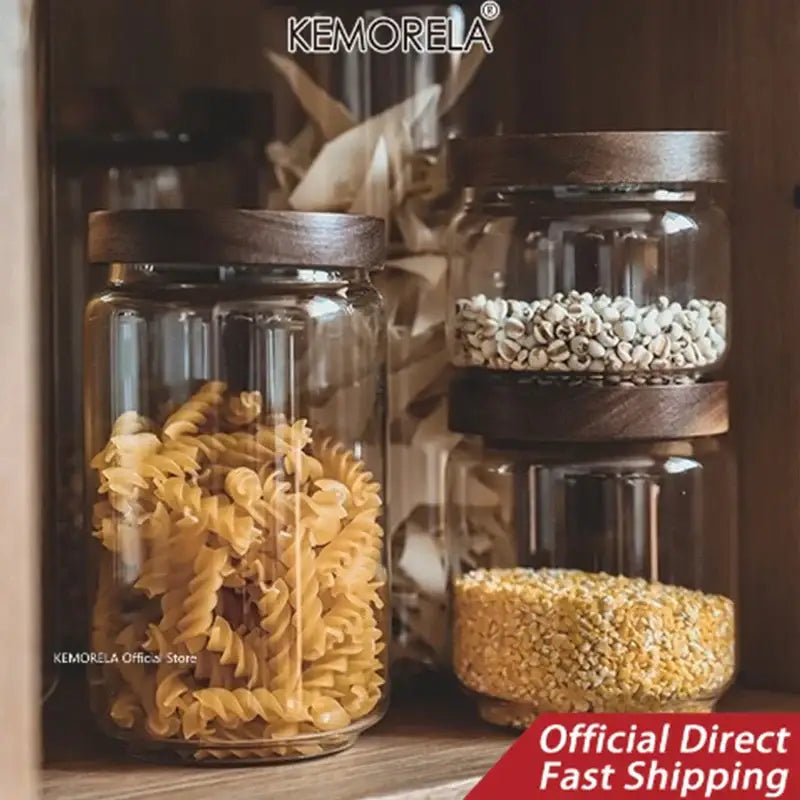 Glass airtight canister with wooden lid – kitchen storage jar