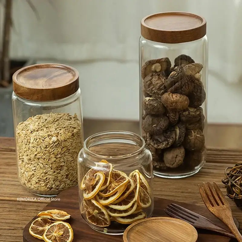 Glass airtight canister with wooden lid – kitchen storage jar