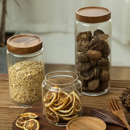 Glass airtight canister with wooden lid – kitchen storage jar