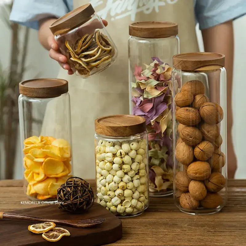 Glass airtight canister with wooden lid – kitchen storage jar