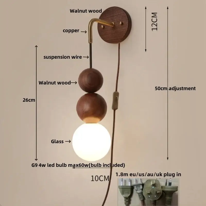 Modern wood and glass adjustable wall light for bedroom