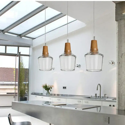 Modern retro smoked glass and wood pendant light dining room set