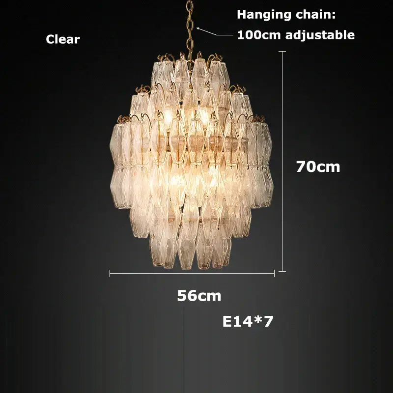 Tiered pink glass art led chandelier for living room