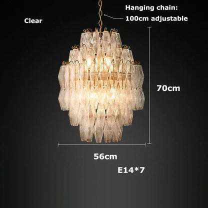 Tiered pink glass art led chandelier for living room