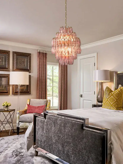 Tiered pink glass art led chandelier for living room