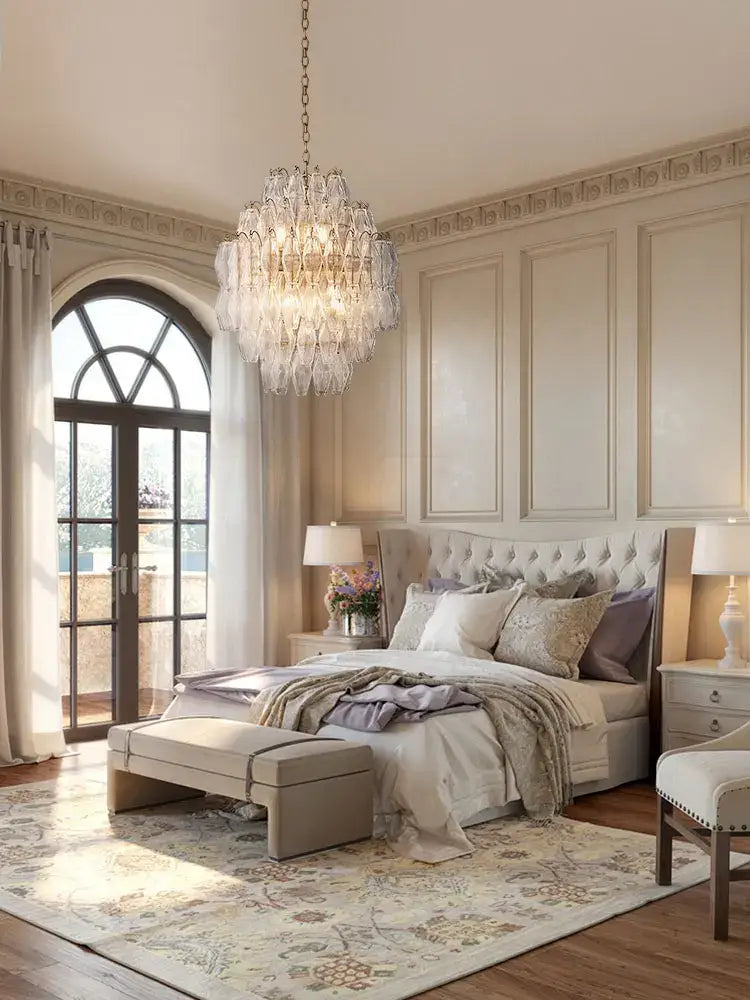 Tiered pink glass art led chandelier for living room