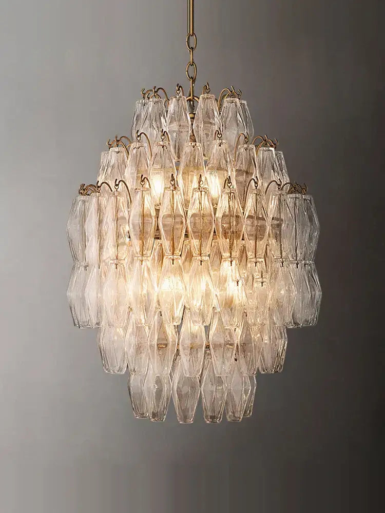 Tiered pink glass art led chandelier for living room