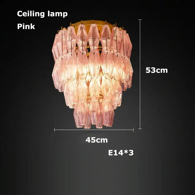 Tiered pink glass art led chandelier for living room