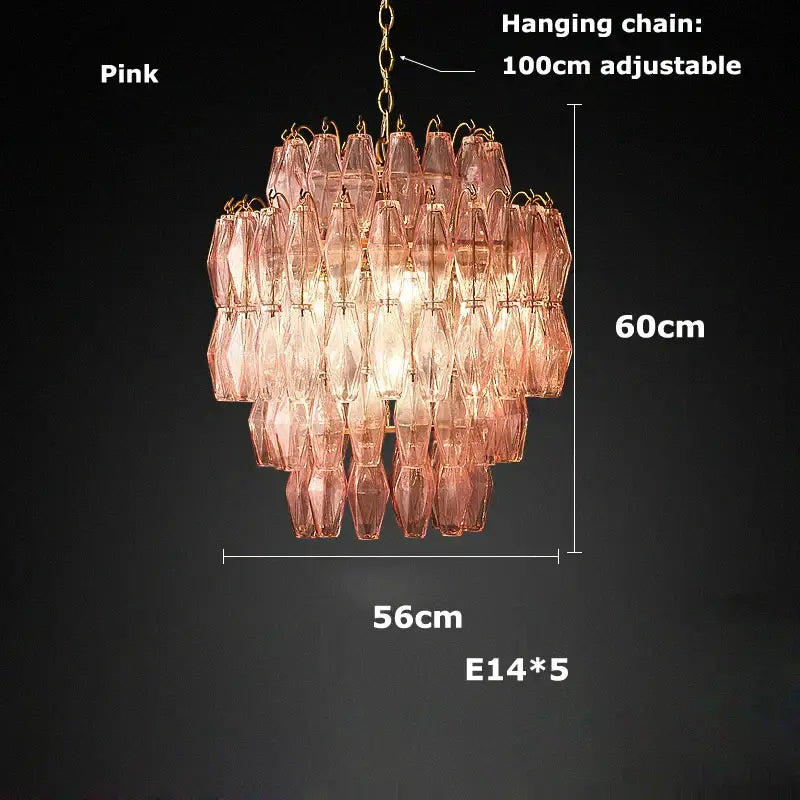 Tiered pink glass art led chandelier for living room