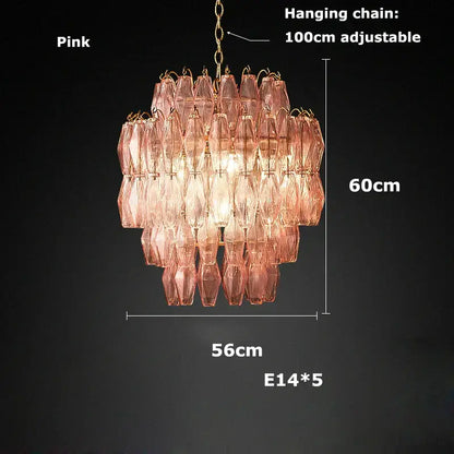 Tiered pink glass art led chandelier for living room