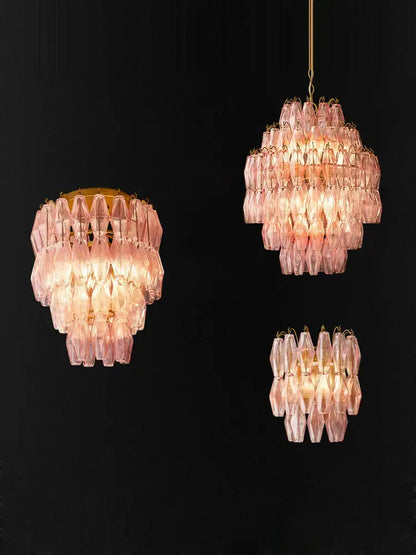 Tiered pink glass art led chandelier for living room