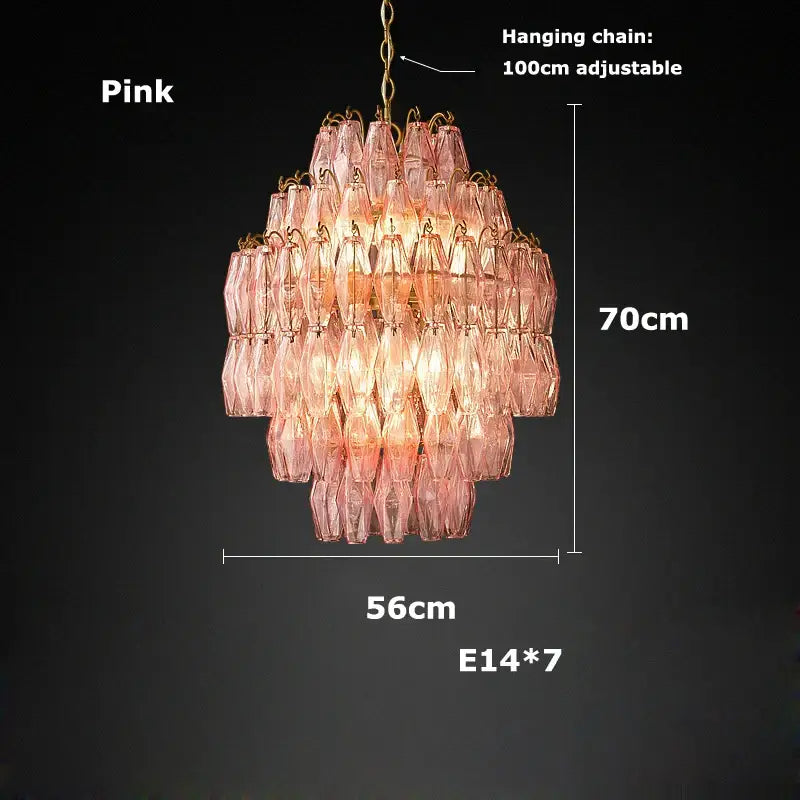 Tiered pink glass art led chandelier for living room