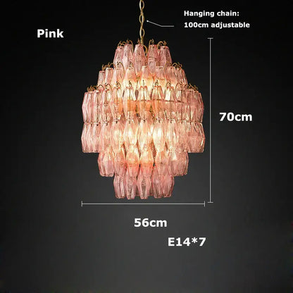 Tiered pink glass art led chandelier for living room