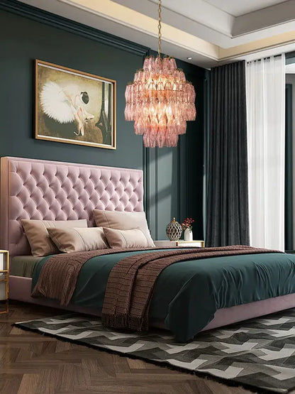 Tiered pink glass art led chandelier for living room