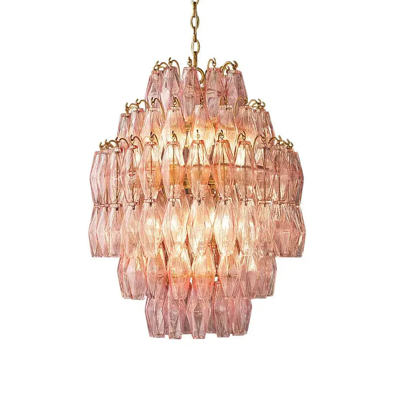 Tiered pink glass art led chandelier for living room