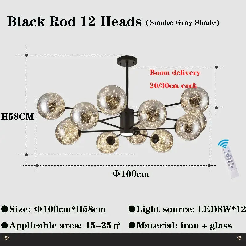 Modern black glass ball branch chandelier living room lighting