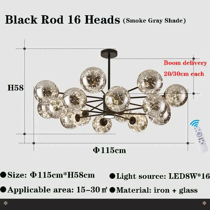 Modern black glass ball branch chandelier living room lighting