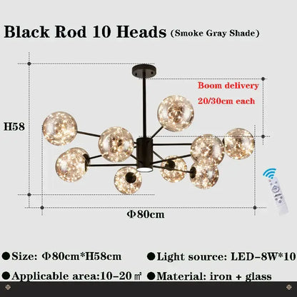 Modern black glass ball branch chandelier living room lighting