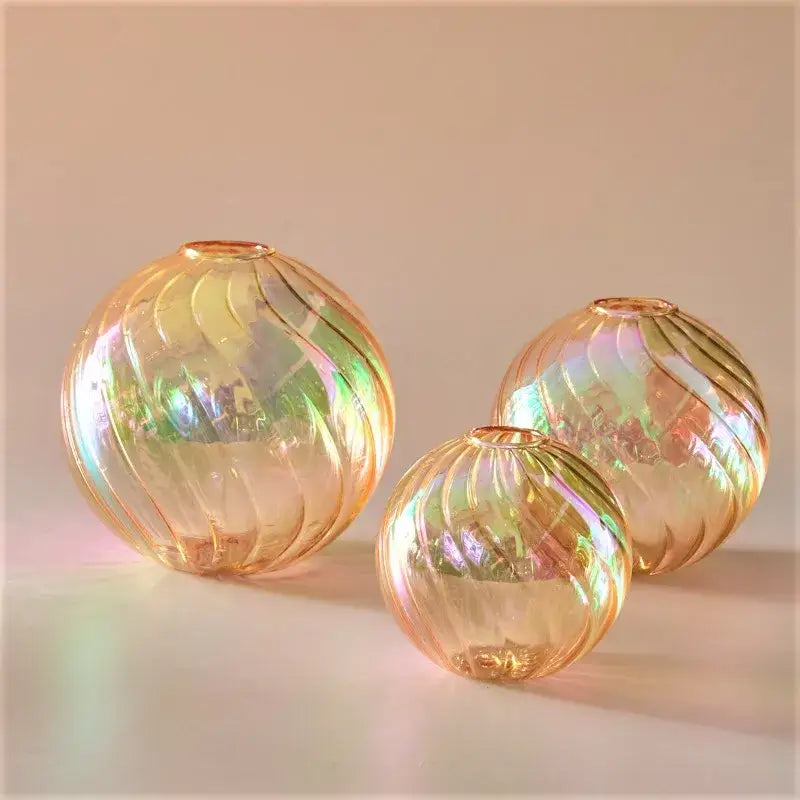 Iridescent peach ribbed glass ball vases living room decor